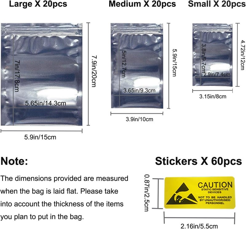 Zoolfix Antistatic ESD Shielding Bags with Labels, 60pcs 3 Sizes Mixed Ziplock Set for HDD, Hard Drives, and Other Electronic Devices (Ziplock mixed-60pc) - Image 2